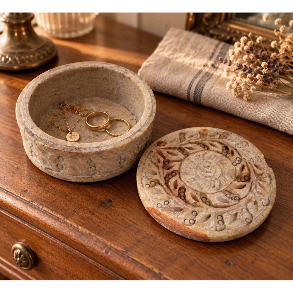 Vintage Indian Hand Carved Soapstone Floral Round Trinket Jewelry Box 4”